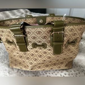 Gorgeous Dooney and Bourke Tan and Olive Leather and Canass Purse 18” x 11”